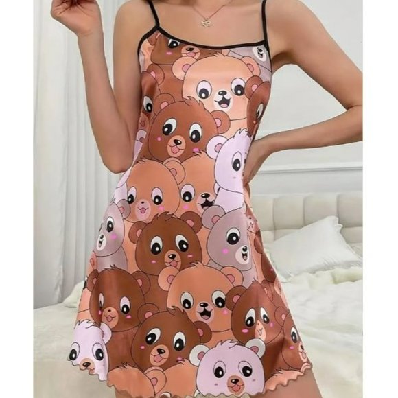 Cute Bear Print Lettuce Trim Slip Nightdress, Round Neck Backless Sleep Dress - Picture 2 of 3